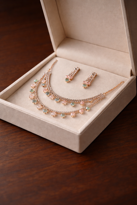Elegant Rose Gold Double Layer Necklace With Earring Set