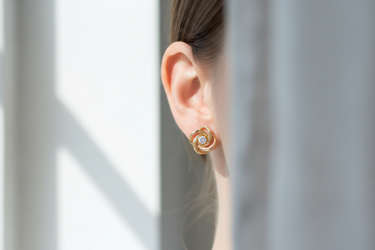 Close-up jewelry photo of elegant gold stud earrings worn on a model, soft daylight lighting, clean background, modern luxury jewelry aesthetic, high detail, realistic photography