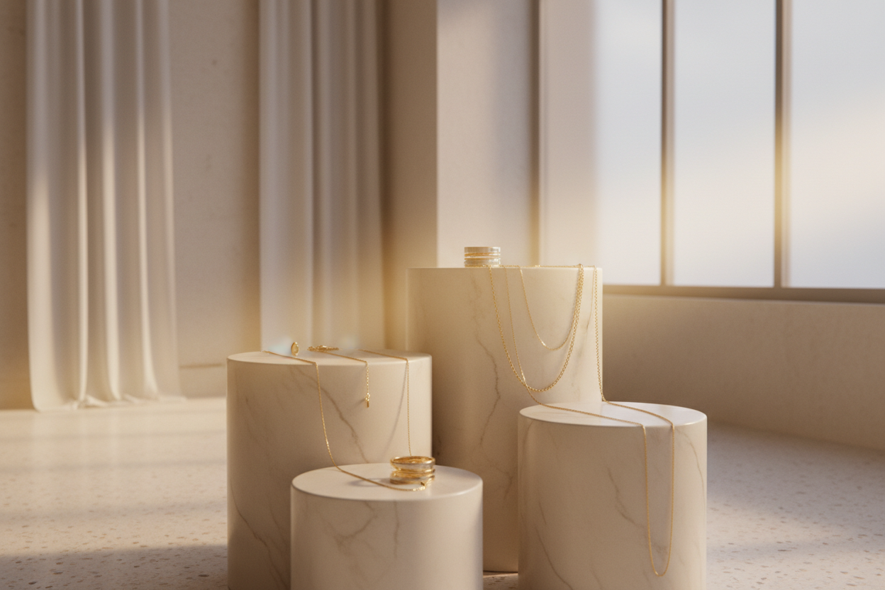 Elegant jewelry brand promotional video, showcasing new arrival gold and silver jewelry, slow motion, soft glow lighting, clean luxury background, modern premium fashion aesthetic, minimal and timeless design, cinematic look