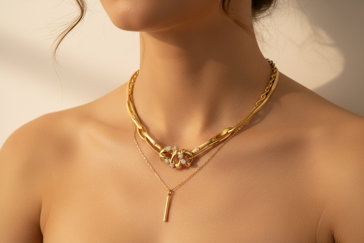 Elegant new arrival gold necklace on a model’s neckline, warm soft lighting, minimal background, premium jewelry brand style, realistic textures, calm and timeless mood