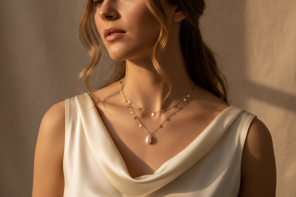 Luxury jewelry editorial photo of a woman wearing a delicate gold necklace, soft natural lighting, neutral beige background, elegant minimal style, premium fashion brand look, realistic textures