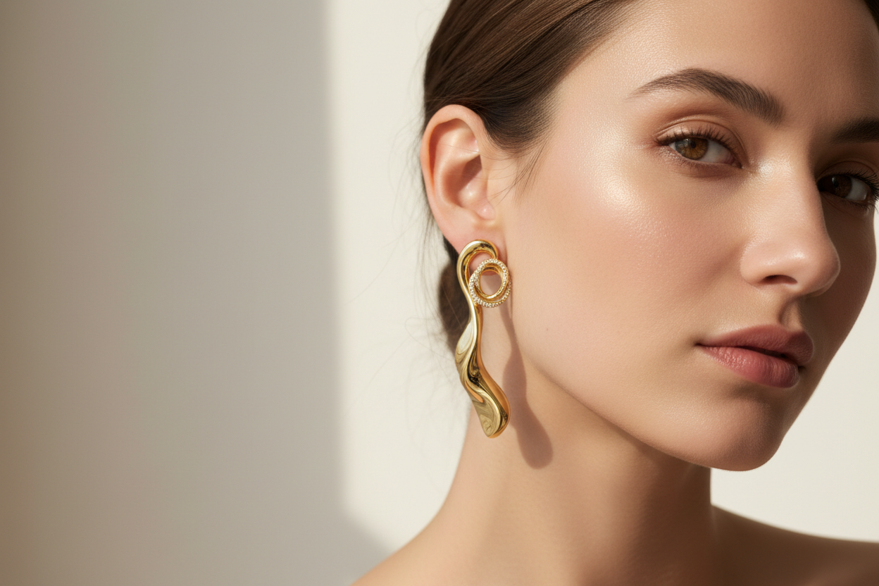New arrival gold earrings worn by a woman, close-up portrait, soft daylight, clean background, modern luxury jewelry editorial style, minimal composition